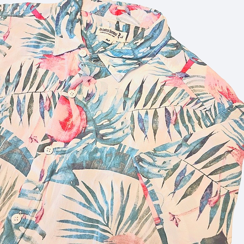 THE ENDLESS SUMMER Rayon button Up Hawaiian Shirt‎ Men's M Flamingo Luau